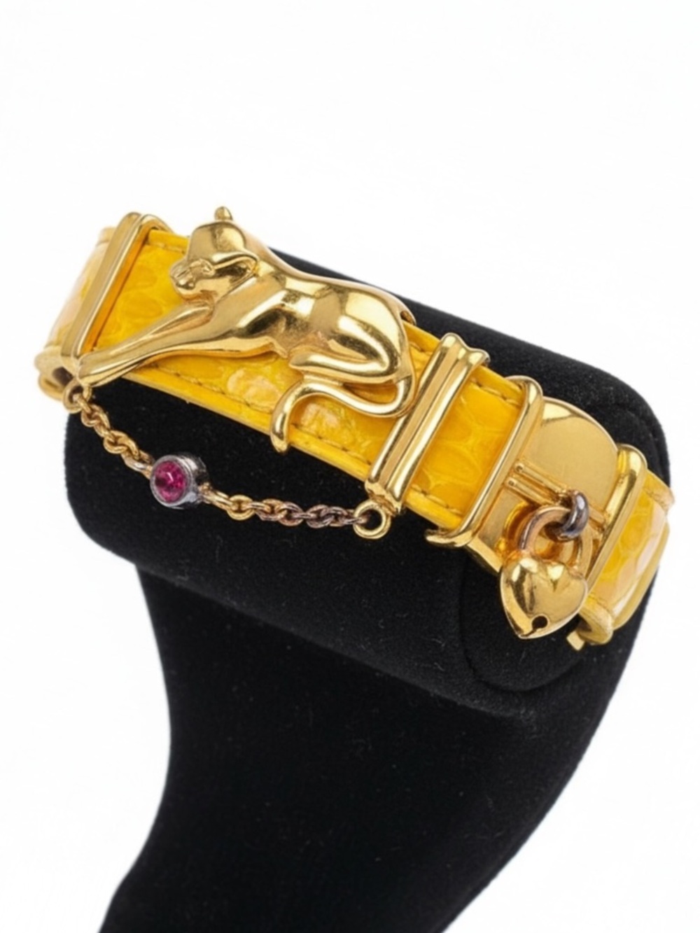 Rare Vintage Yellow Embossed Leather Cat Charm Statement Le Bracelet